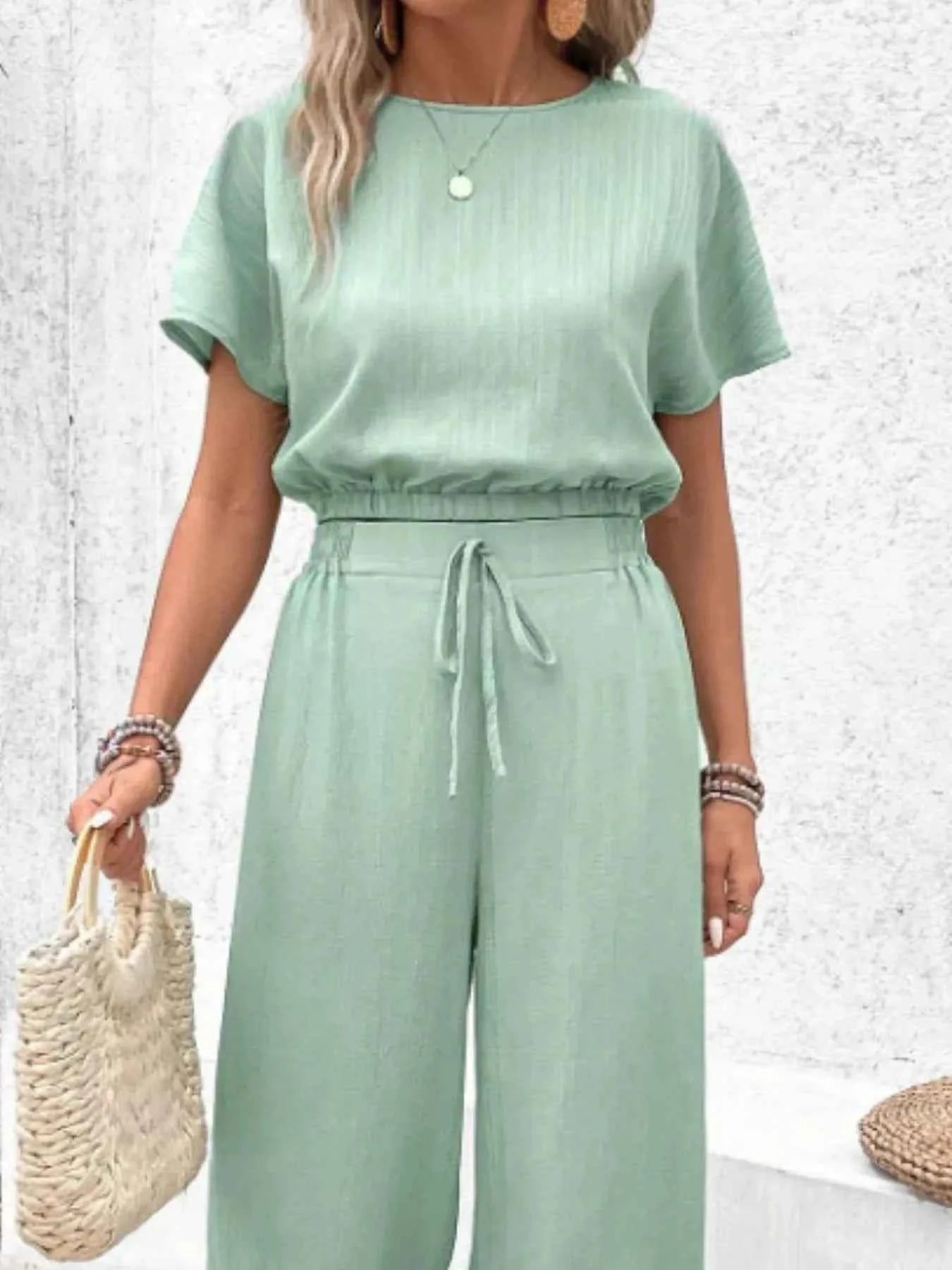 Round Neck Short Sleeve Top and Pants Set