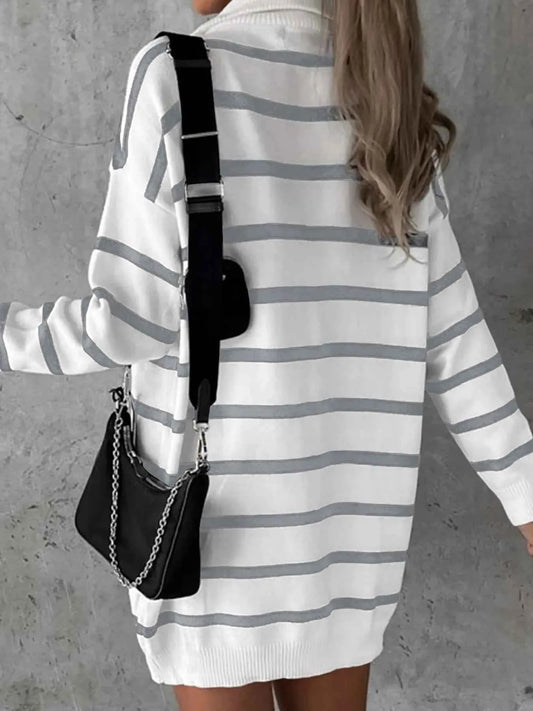 Striped O-ring Zip Collared Loose Sweater Mini Dress