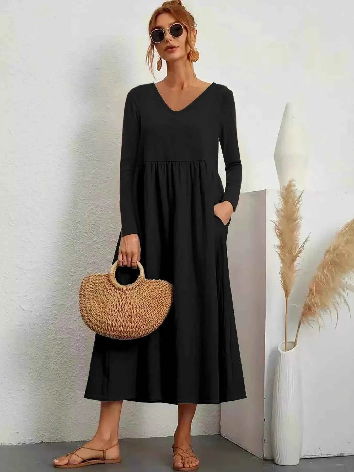 V-Neck Long Sleeve Midi Dress