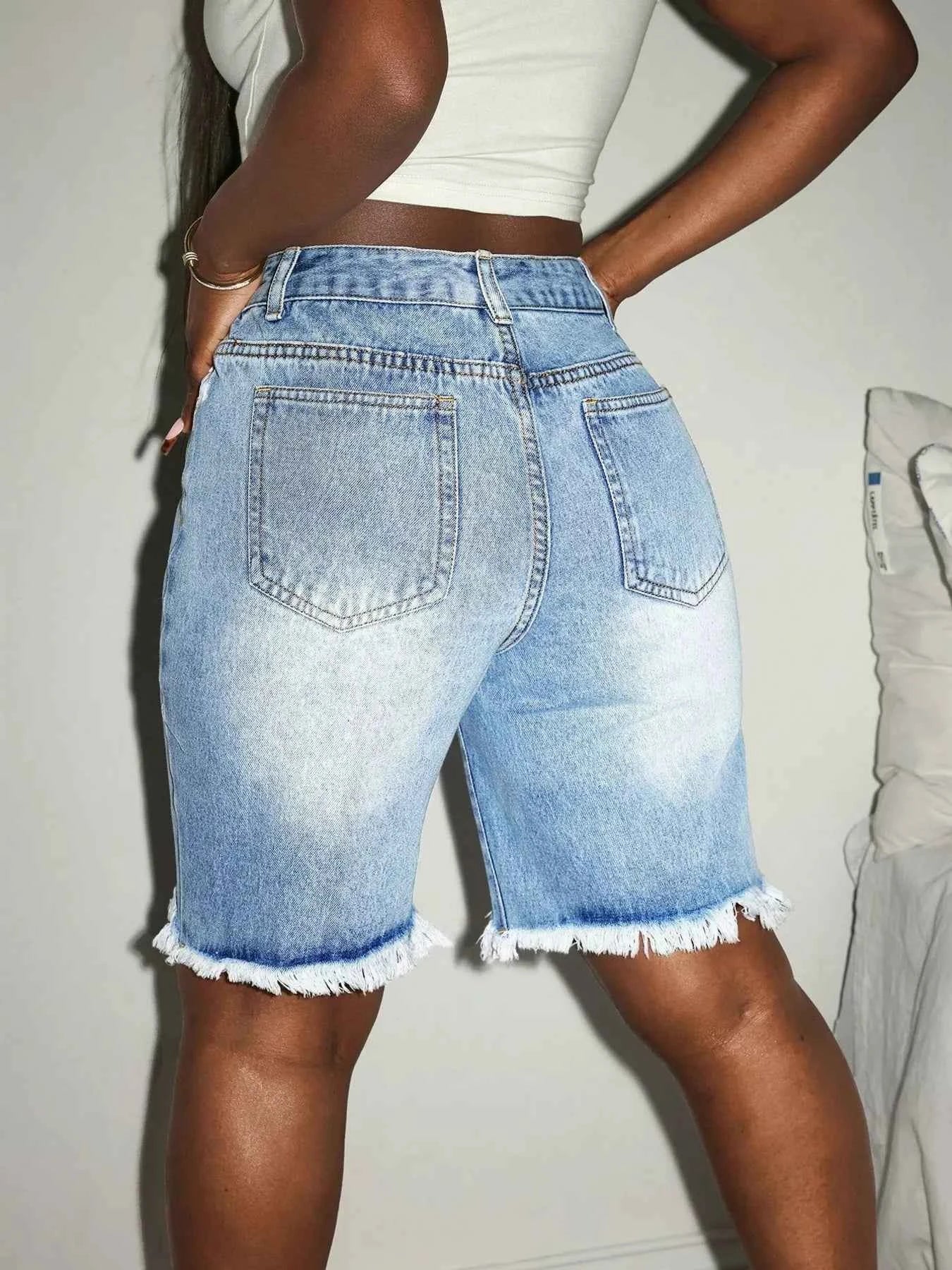 Distressed High Waist Frayed Hem Denim Shorts