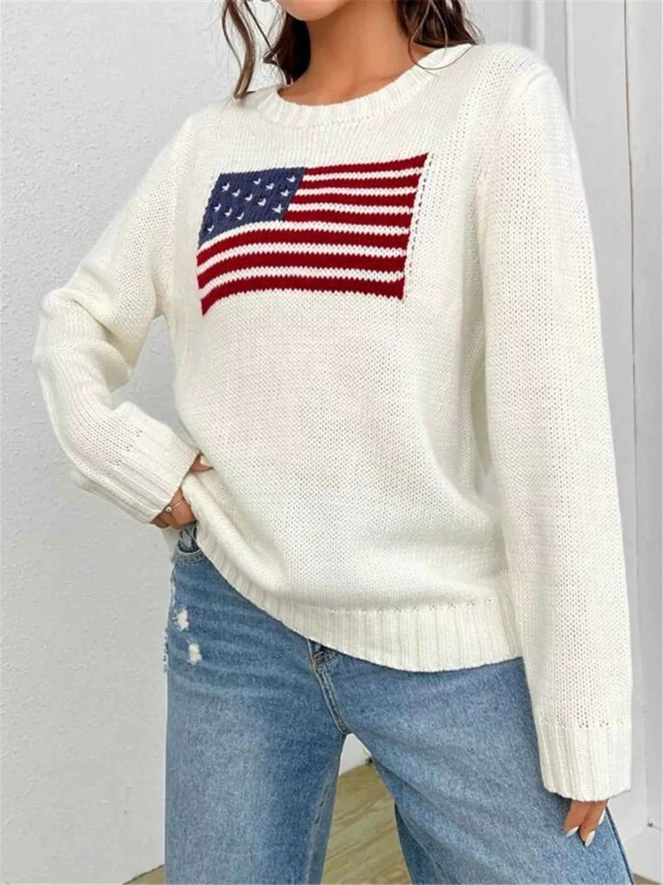 US Flag Round Neck Long Sleeve Sweater