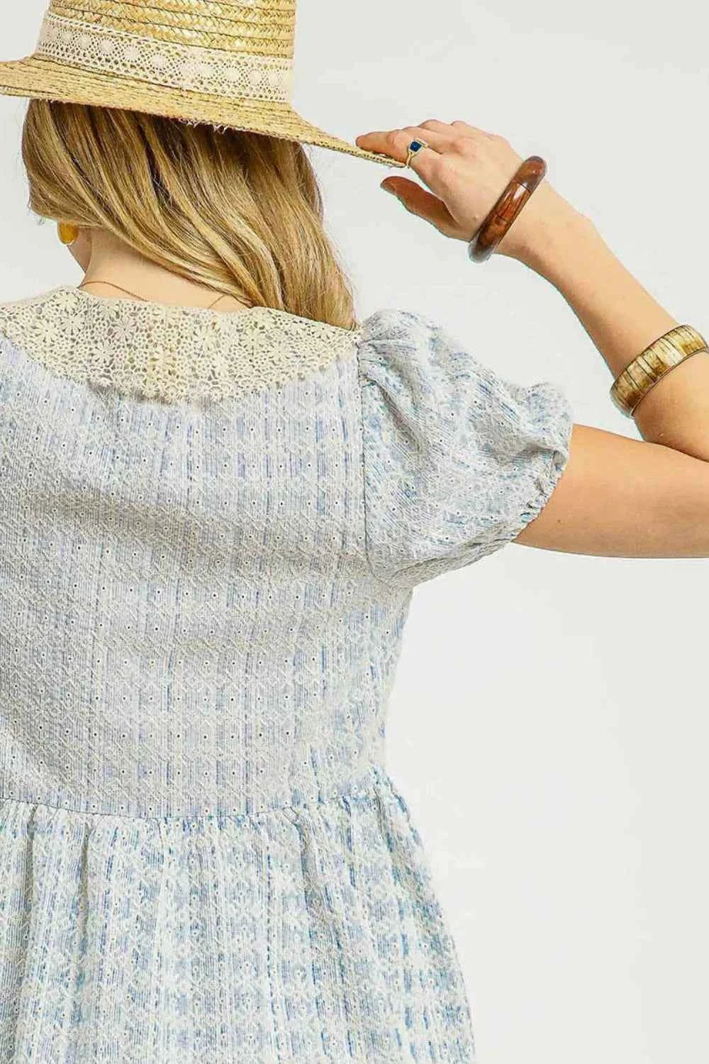 Umgee Lace Detail Short Puff Sleeve Mini Dress
