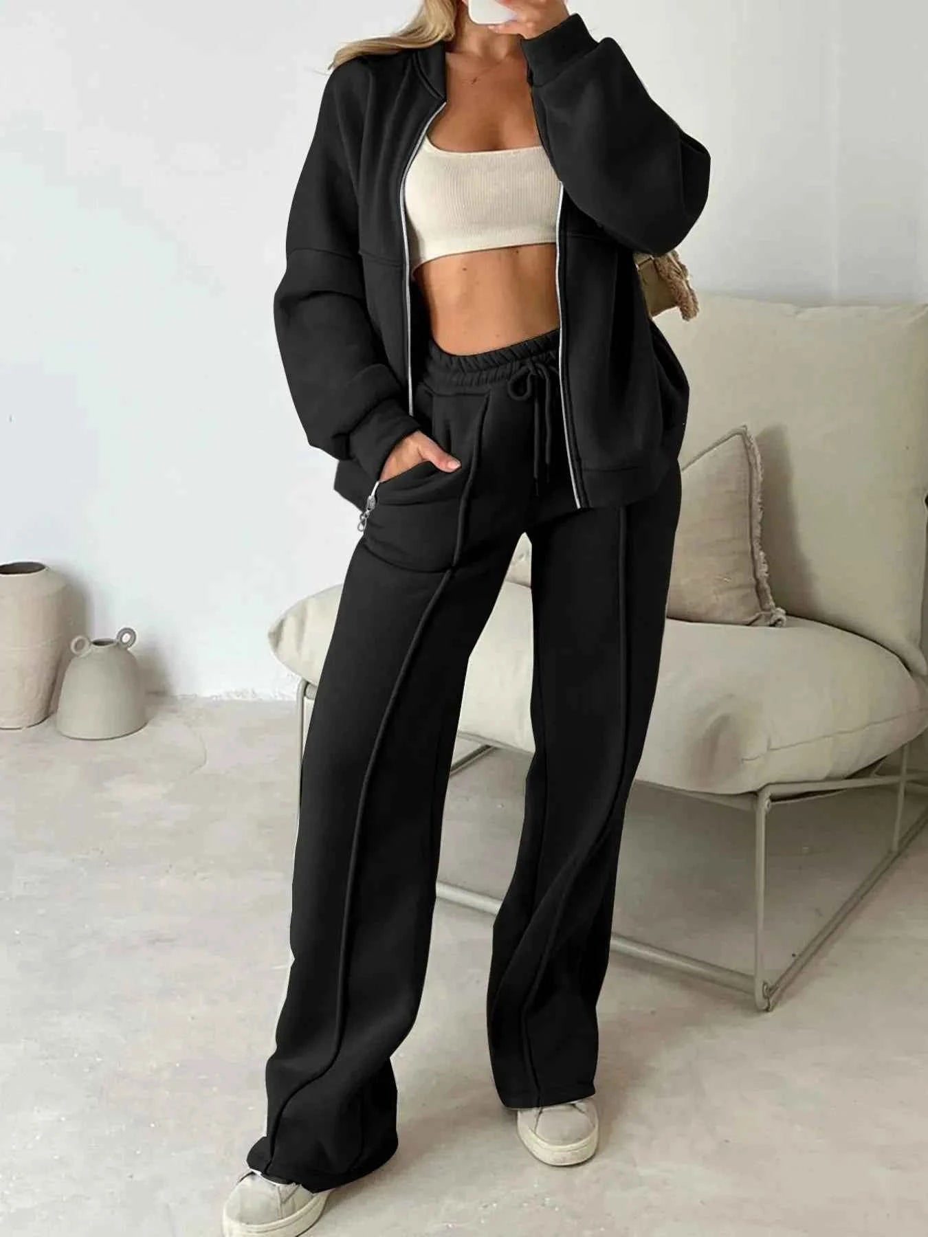 Zipper Up Jacket and Drawstring Pants Set