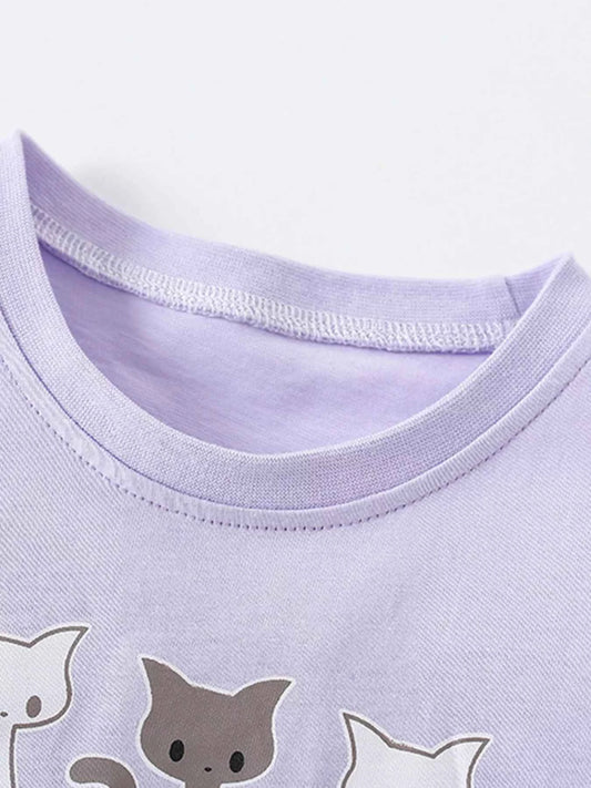 Children's Cats Round Neck Ruffle Hem T-Shirt