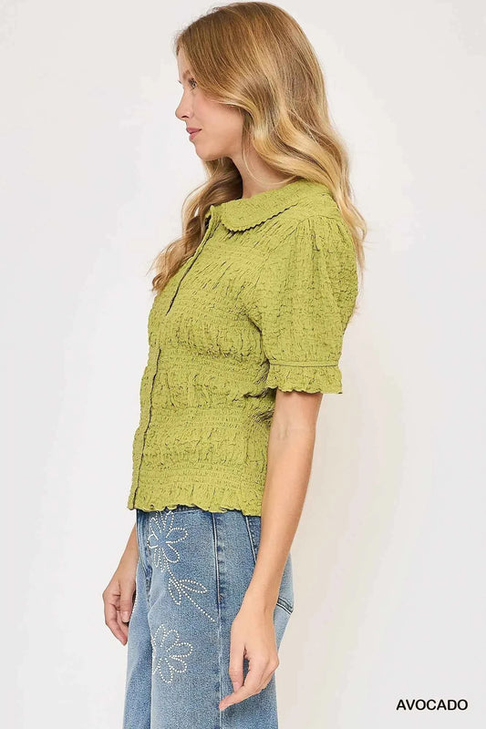 Umgee Smocked Short Sleeve Button-Front Shirt with Peter Pan Collar