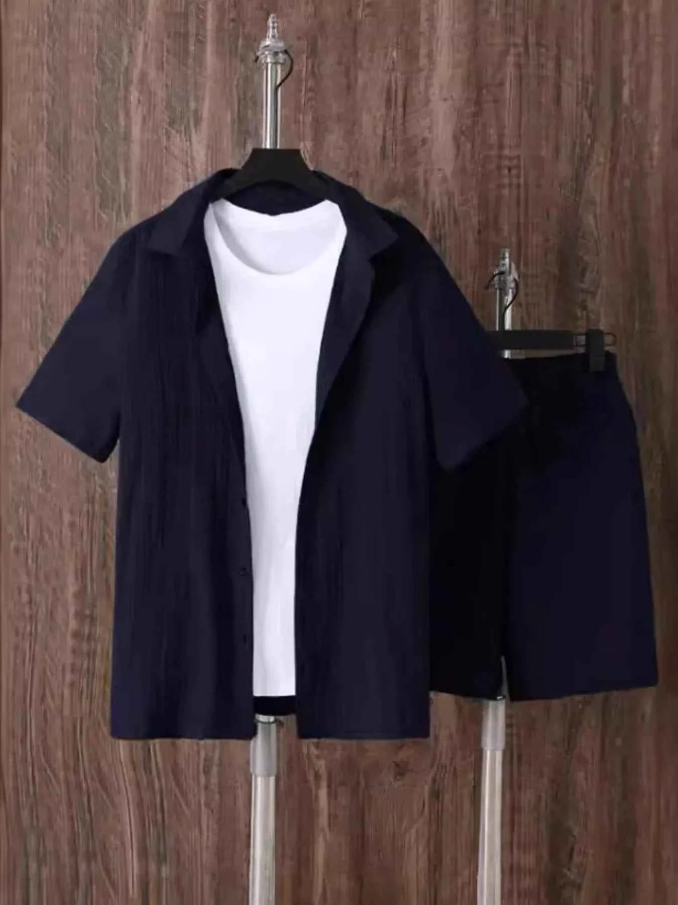 Men's Plus Size Button Up Short Sleeve Shirt and Shorts Set