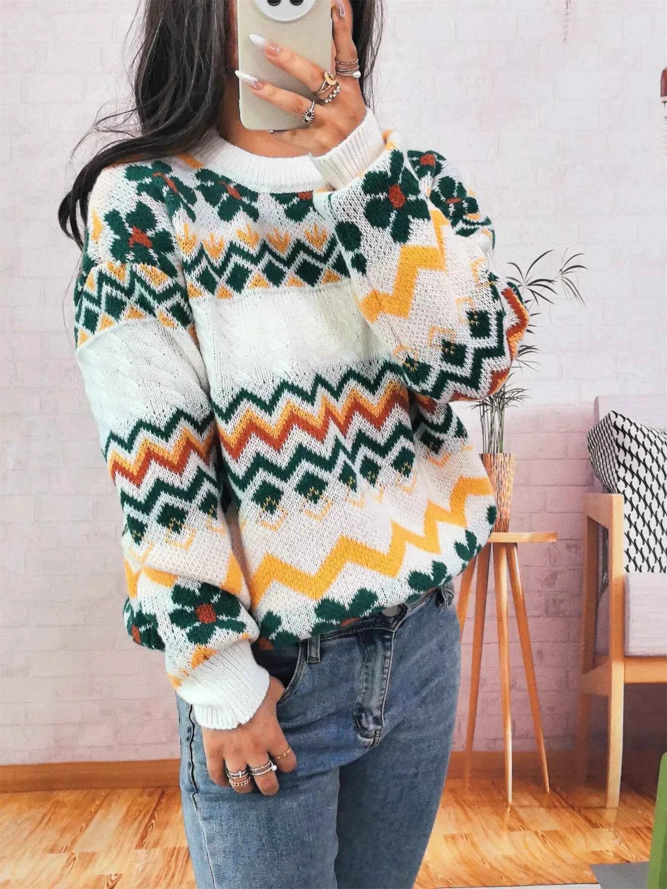 Geometric Round Neck Long Sleeve Sweater