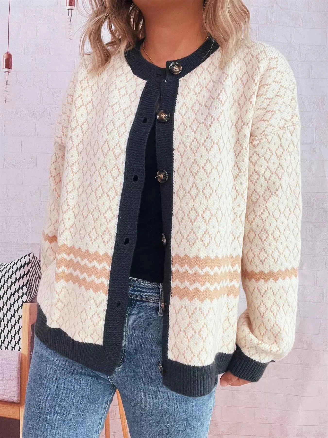 Geometric Pattern Button Up Cardigan