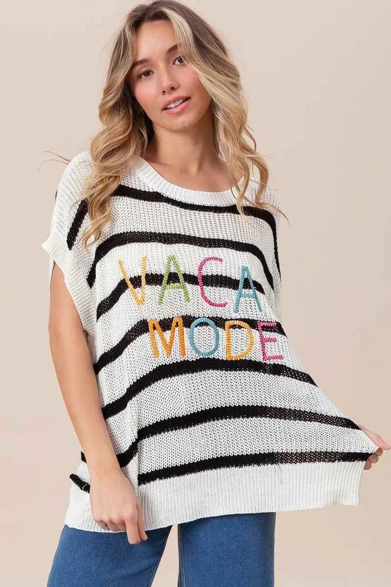 BiBi Vacay Mode Lettering Drop Shoulder Striped Sweater