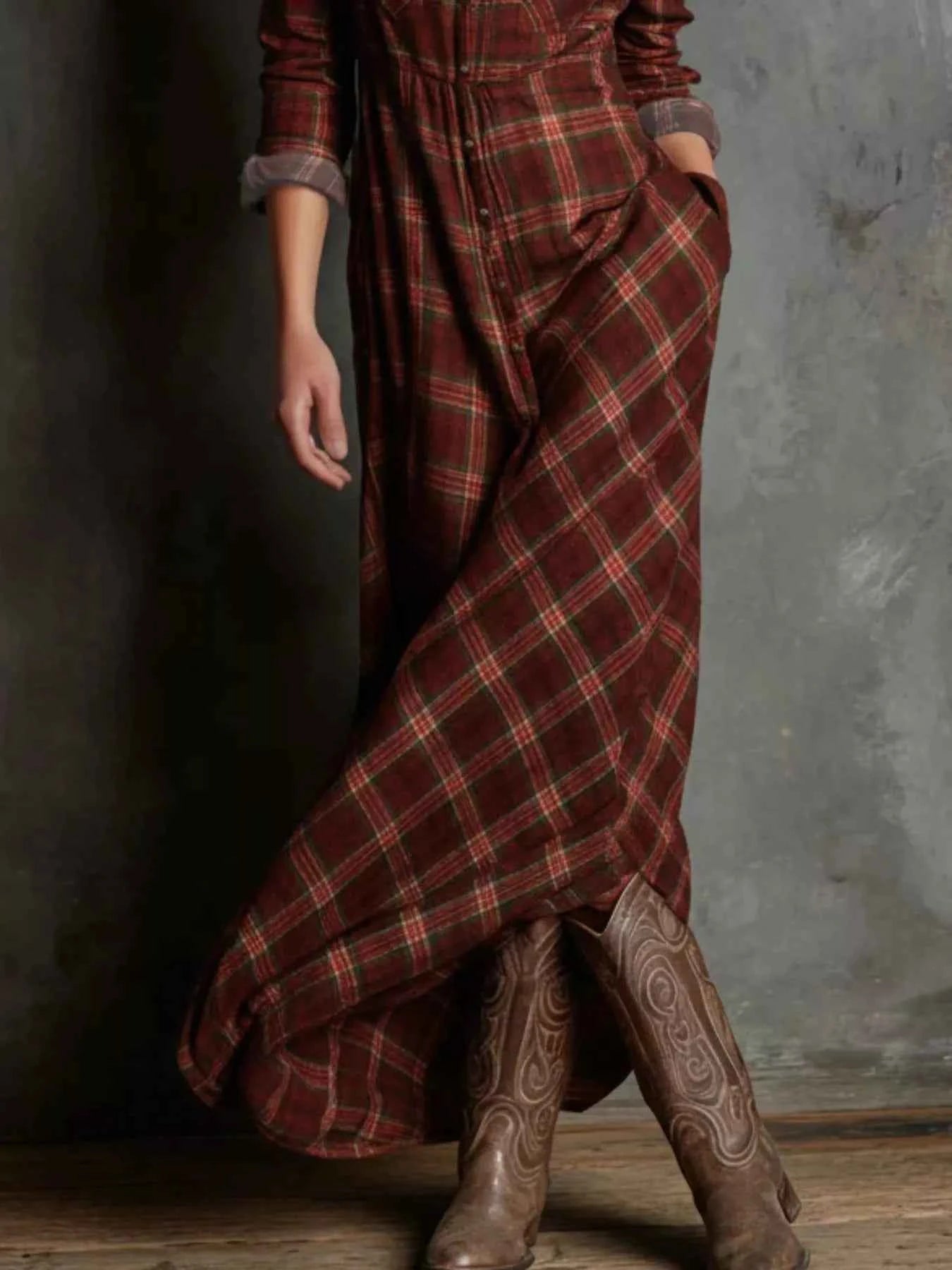 Full Size Plaid Button-Down Maxi Dress Plus Size