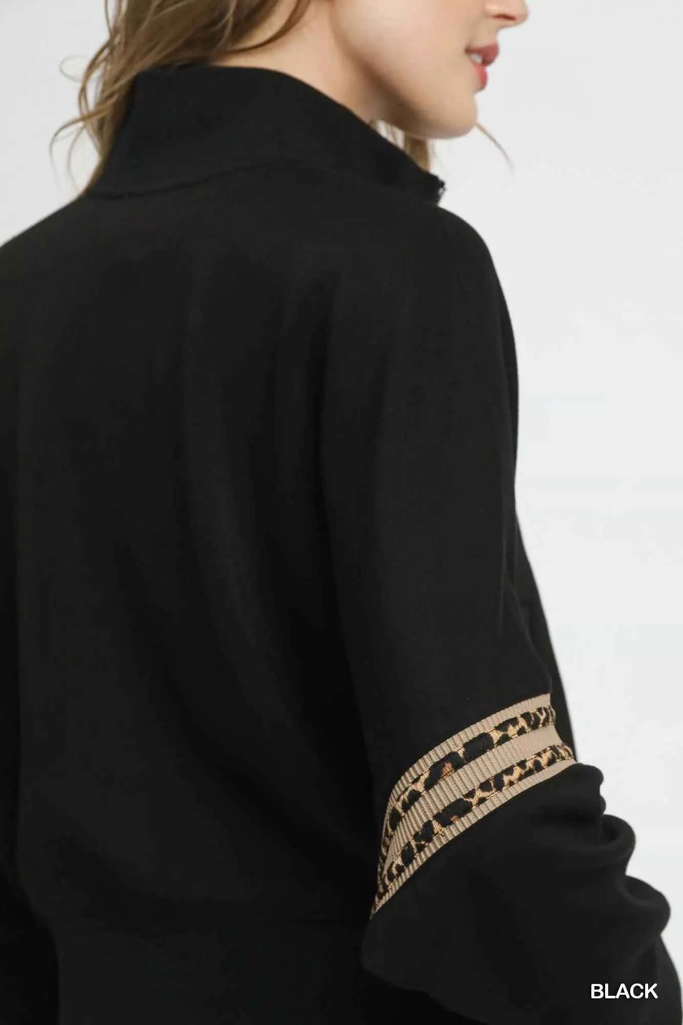 Umgee Zipper Up Cropped Jacket with Leopard Trim