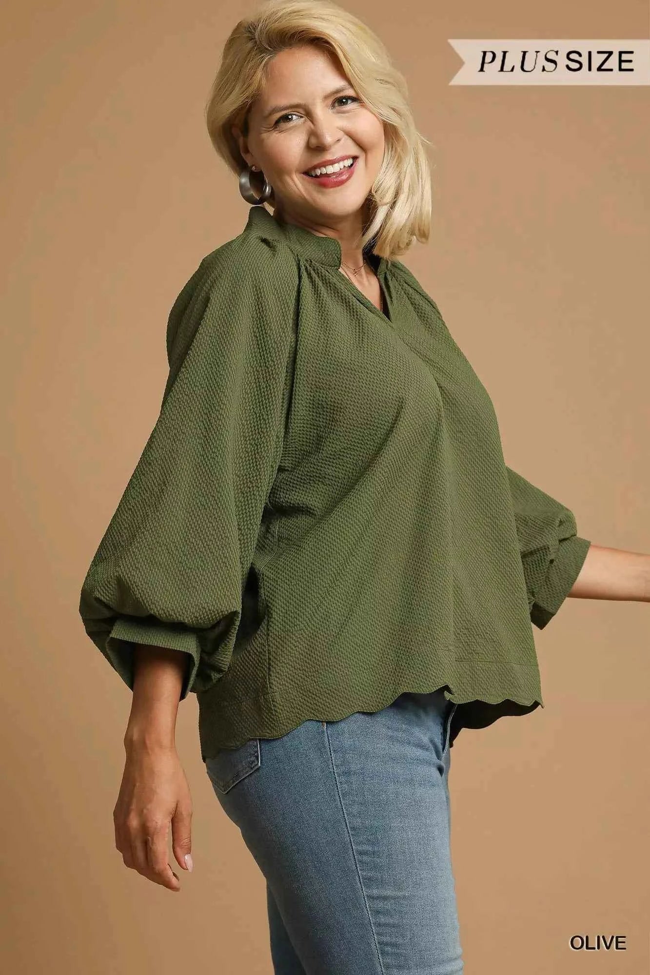 Umgee Full Size Textured Notched Balloon Sleeve Blouse Plus Size