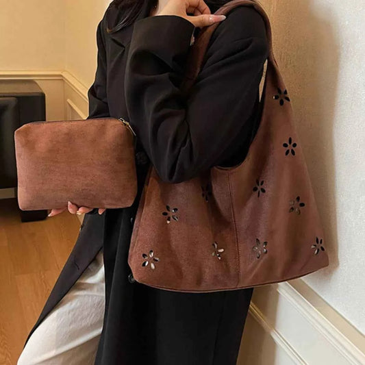 Floral Cutout Corduroy Shoulder Bag