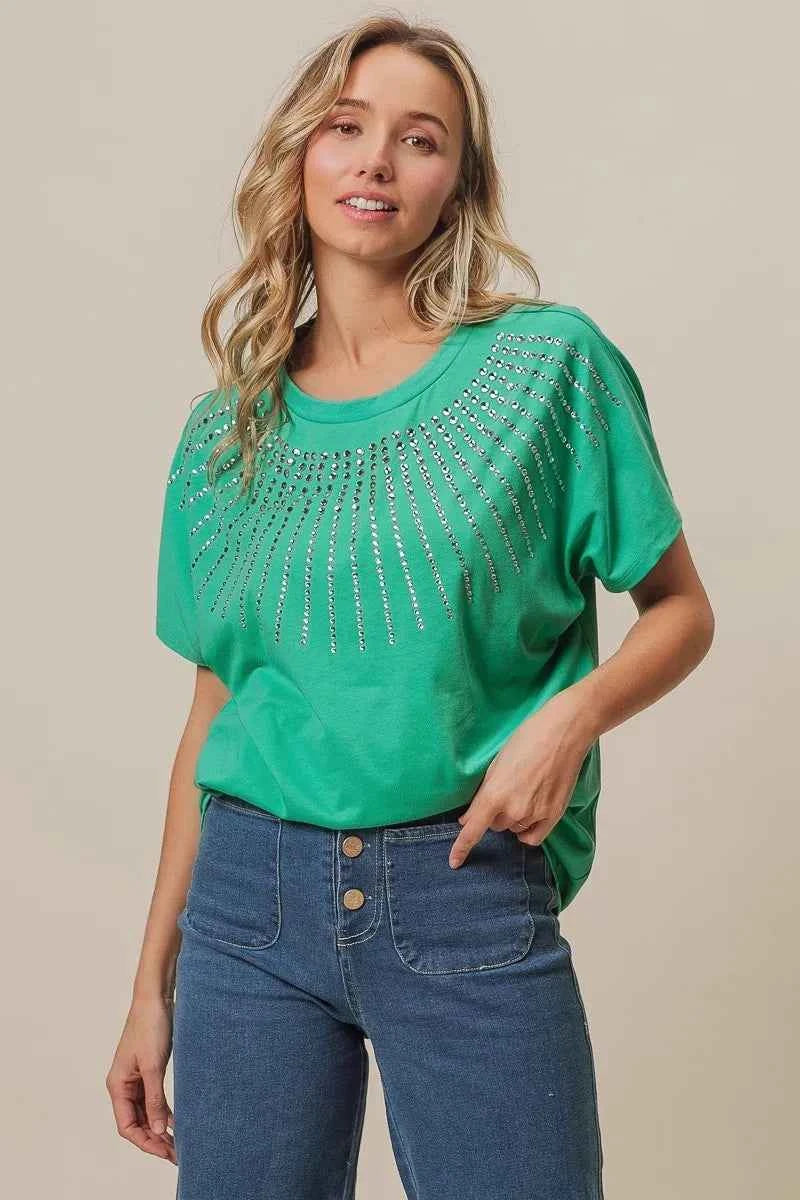 BiBi Rhinestone Beaded Short Sleeve Top