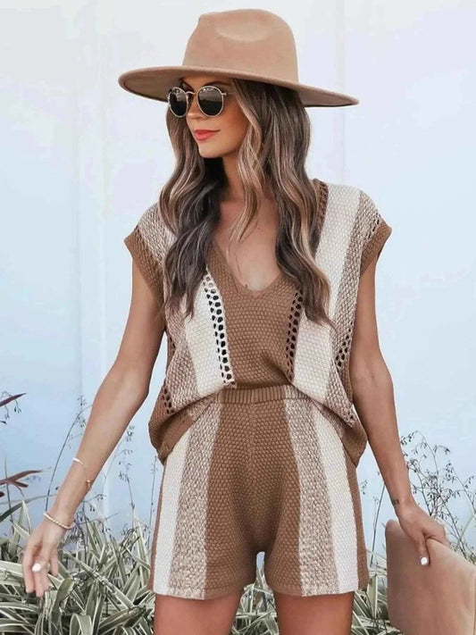 Openwork Color Block V-Neck Top and Shorts Sweater Set