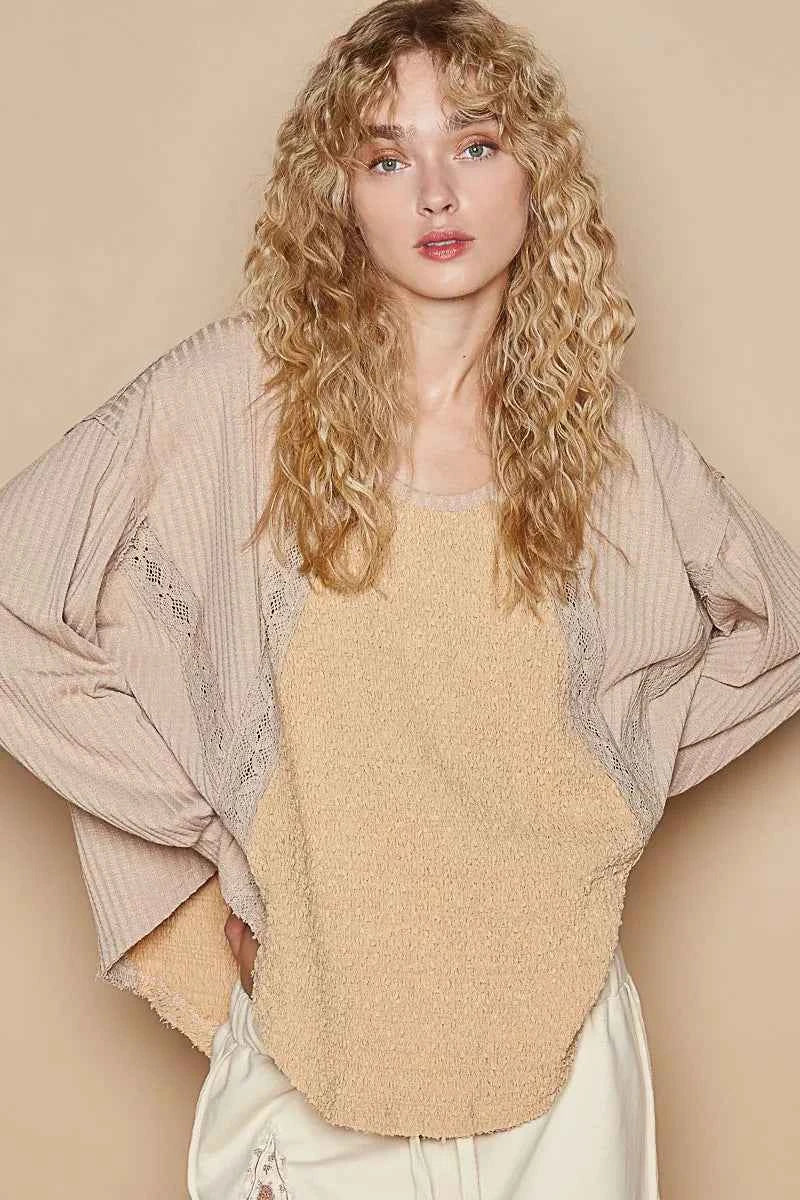 POL Round Neck Lace Detail Oversized Fit Top