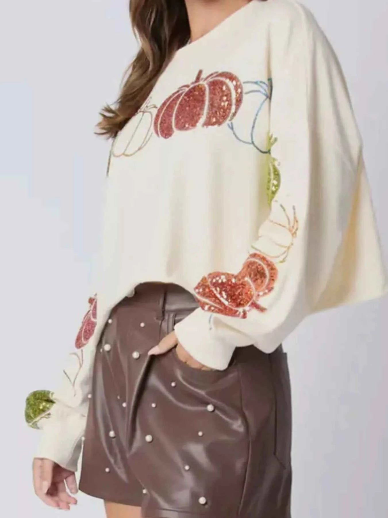 Sequined Pumpkin Halloween Crop Sweatshirt