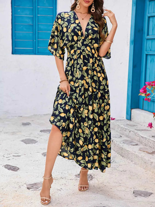Printed V-Neck Ruffle Hem Flowy Midi Dress