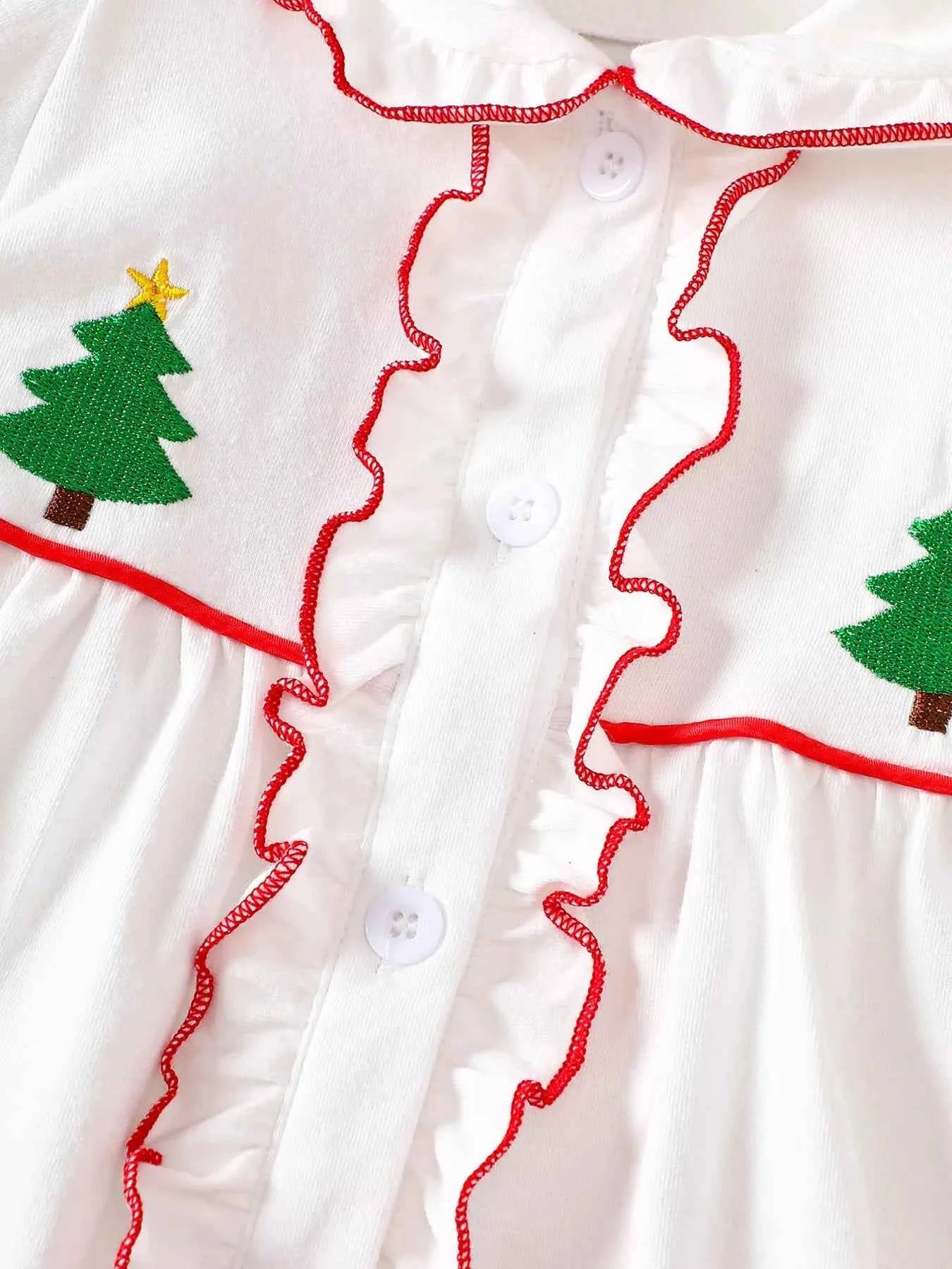 Children's Christmas Tree Embroidered Ruffle Trim Dress