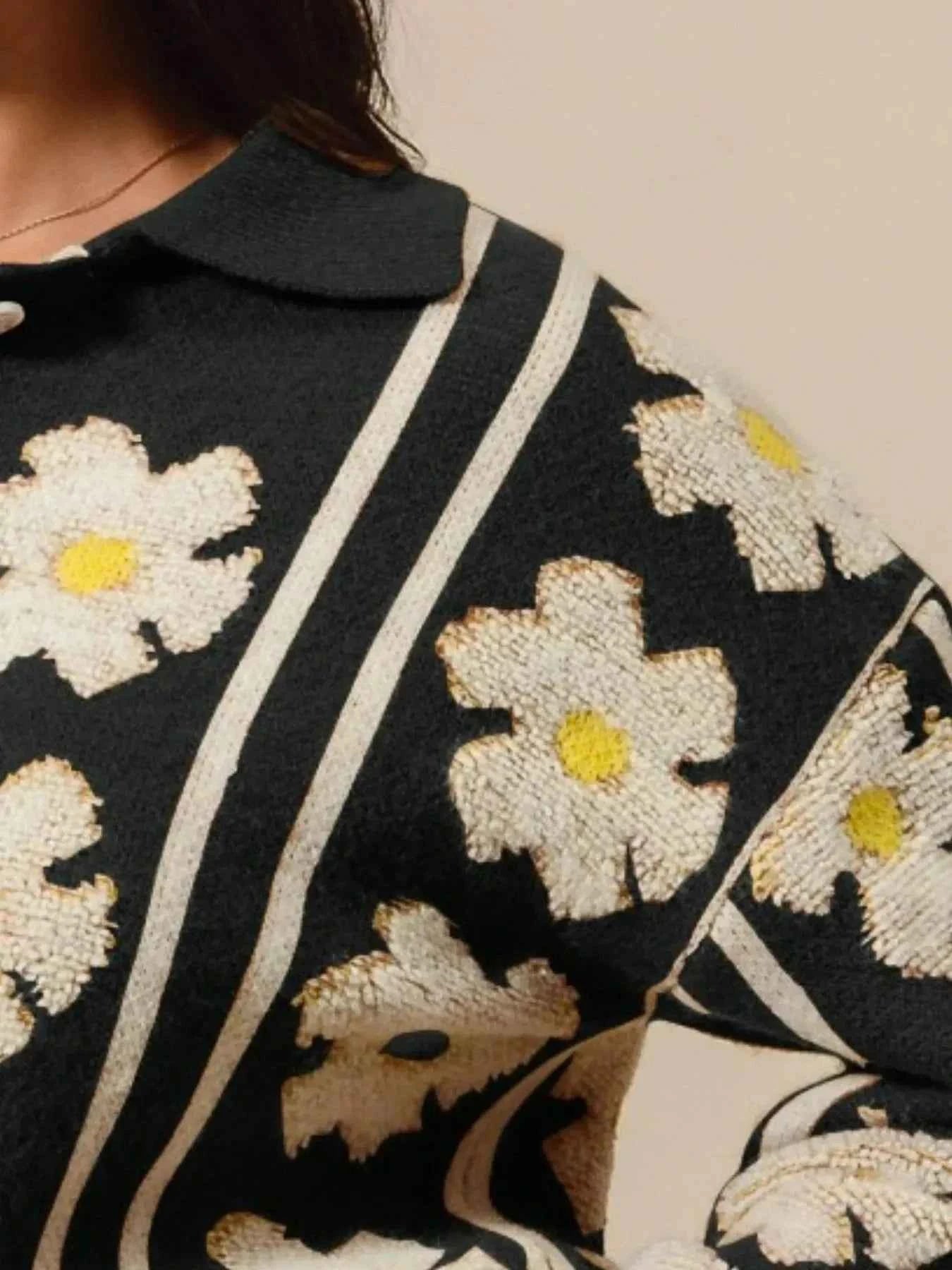 SO ME Floral Stripe Polo Collar Sweater