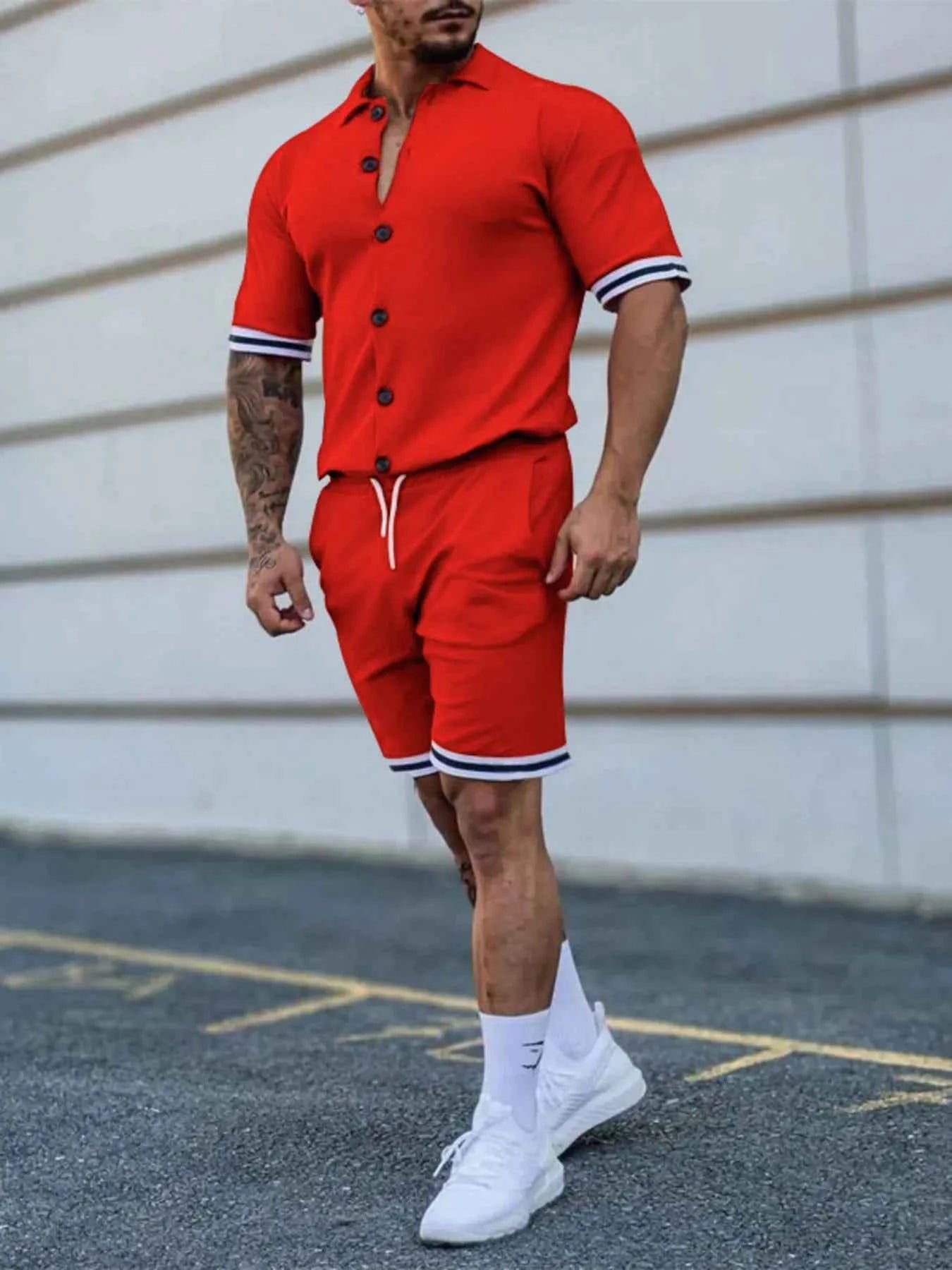 Men's Full Size Striped Hem Button Up Top and Shorts Set Plus Size