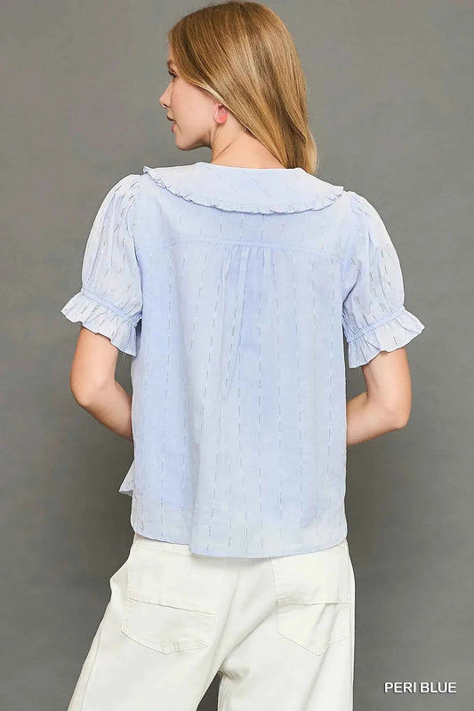 Umgee Peter Pan Collared Button Down Textured Shirt with Ruffled Detail