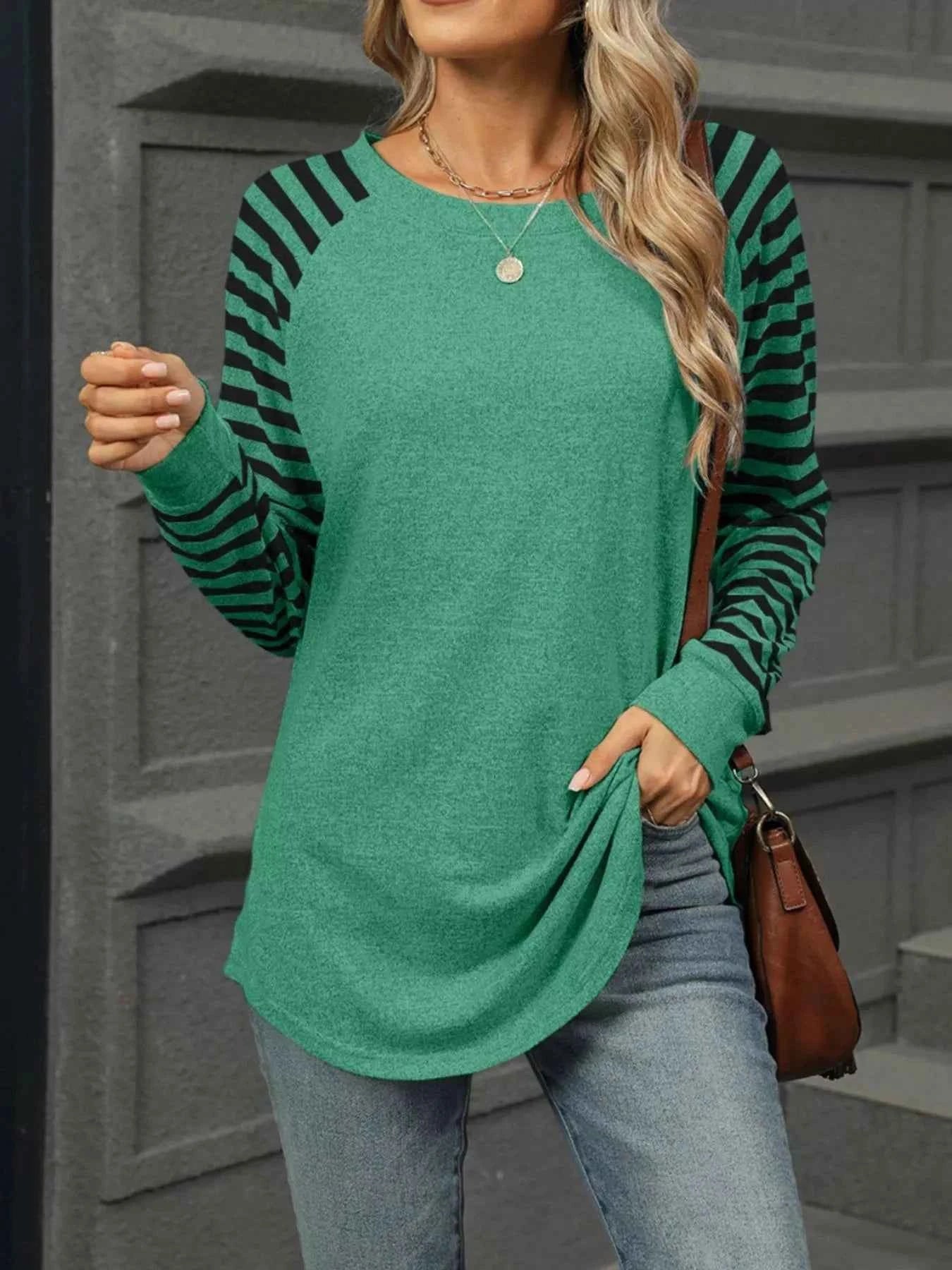 Striped Round Neck Raglan Sleeve T-Shirt