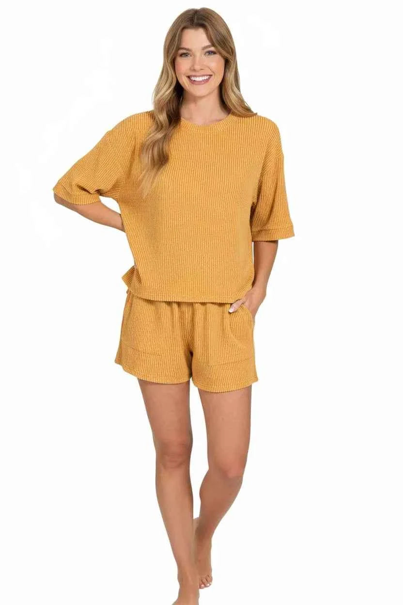 Zenana Raised Rib Short Sleeve Tee and Drawstring Shorts Set
