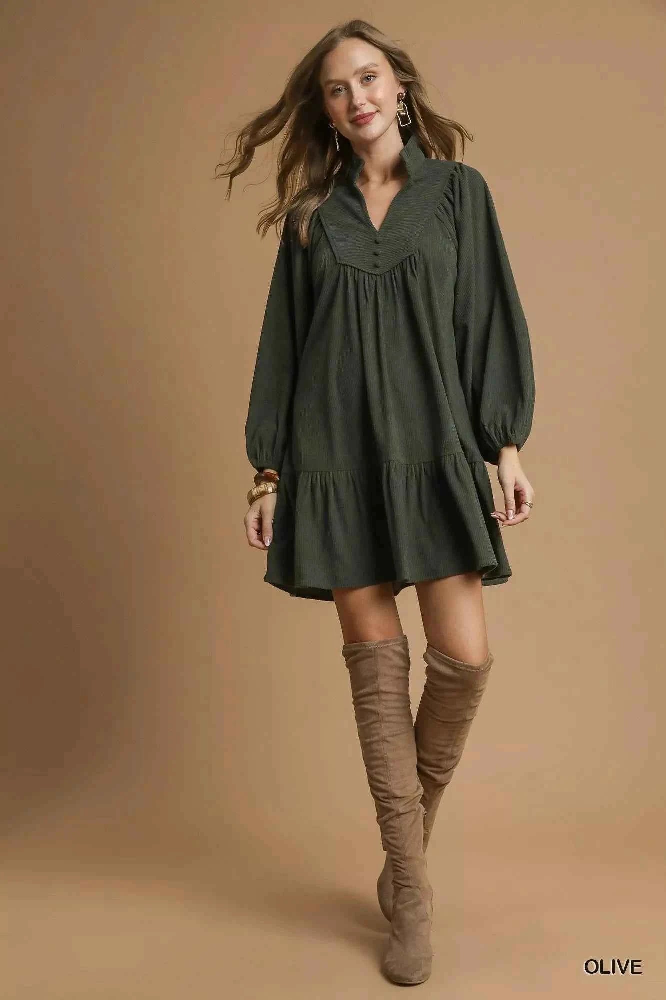 Umgee Corduroy Tiered Babydoll Dress