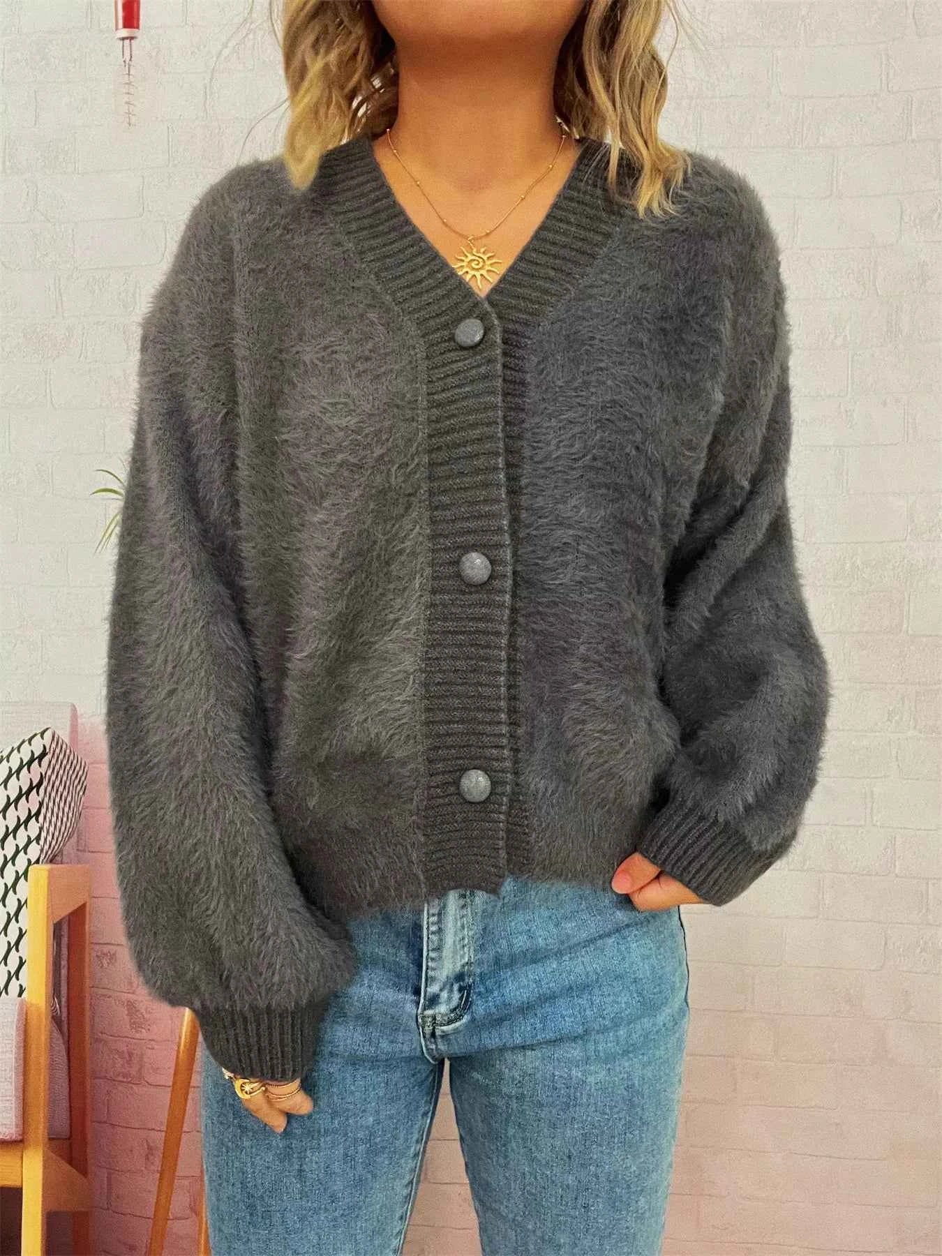 Fuzzy Button-Up Long Sleeve Cardigan