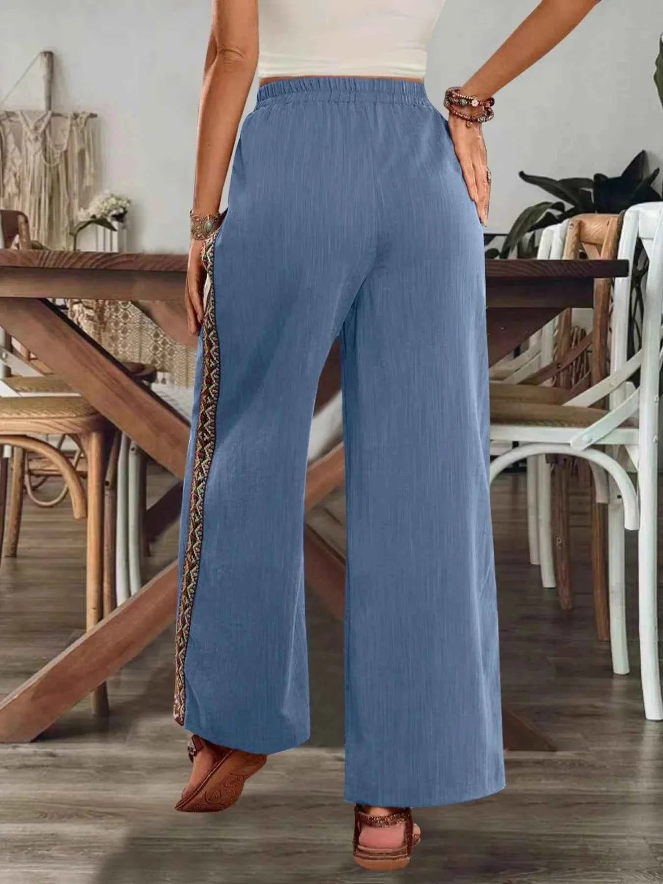 Bohemian Wide Leg Embroidered Side Stripe Pants