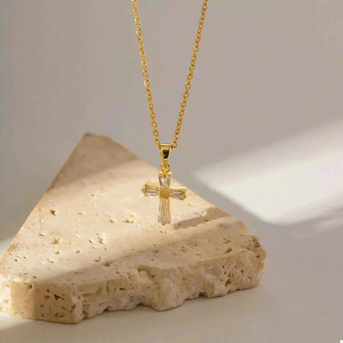 18K Gold-Plated Stainless Steel Zircon Cross Necklace