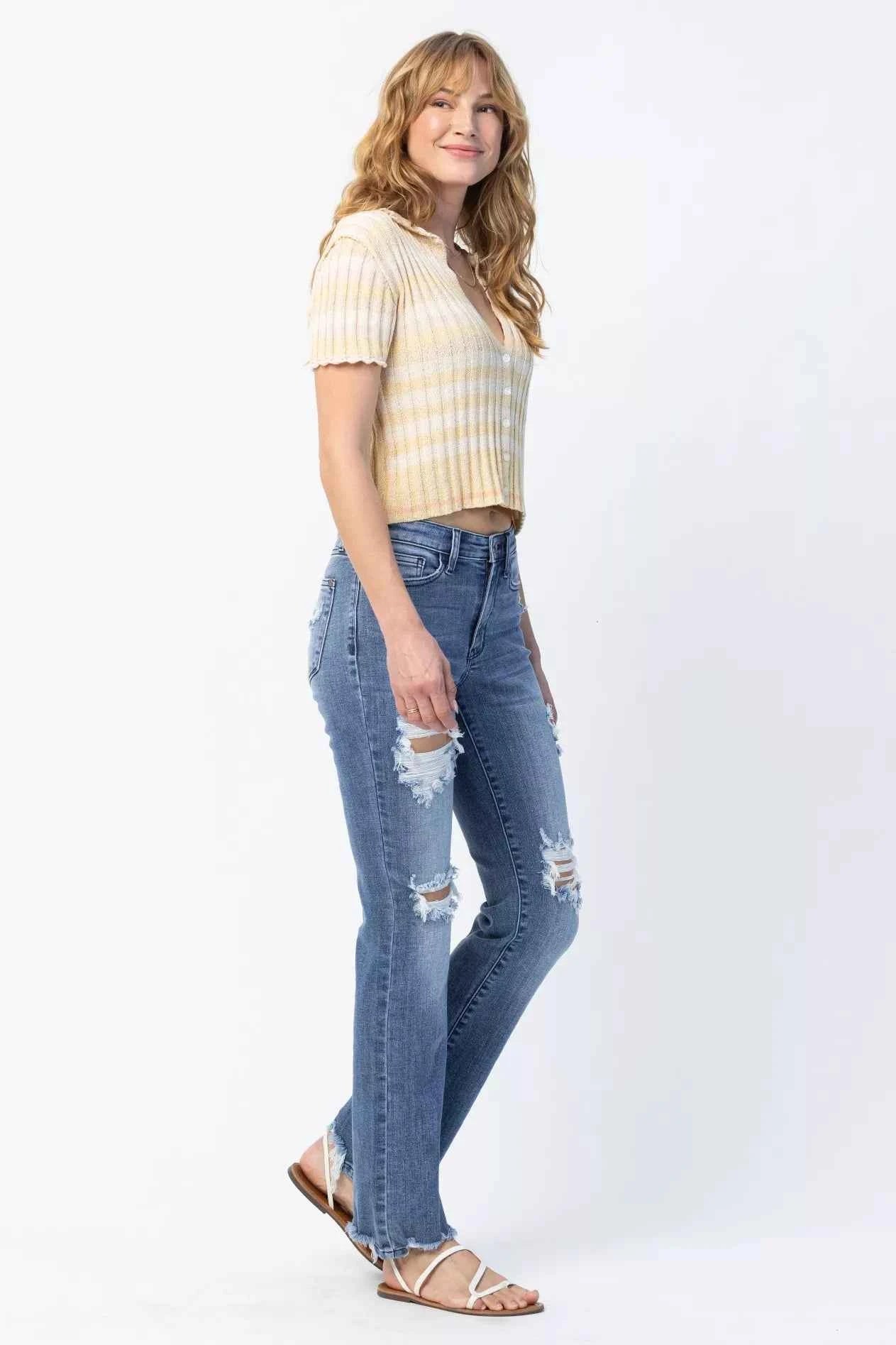 Judy Blue Full Size Mid Rise Destroy Straight Jeans Plus Size