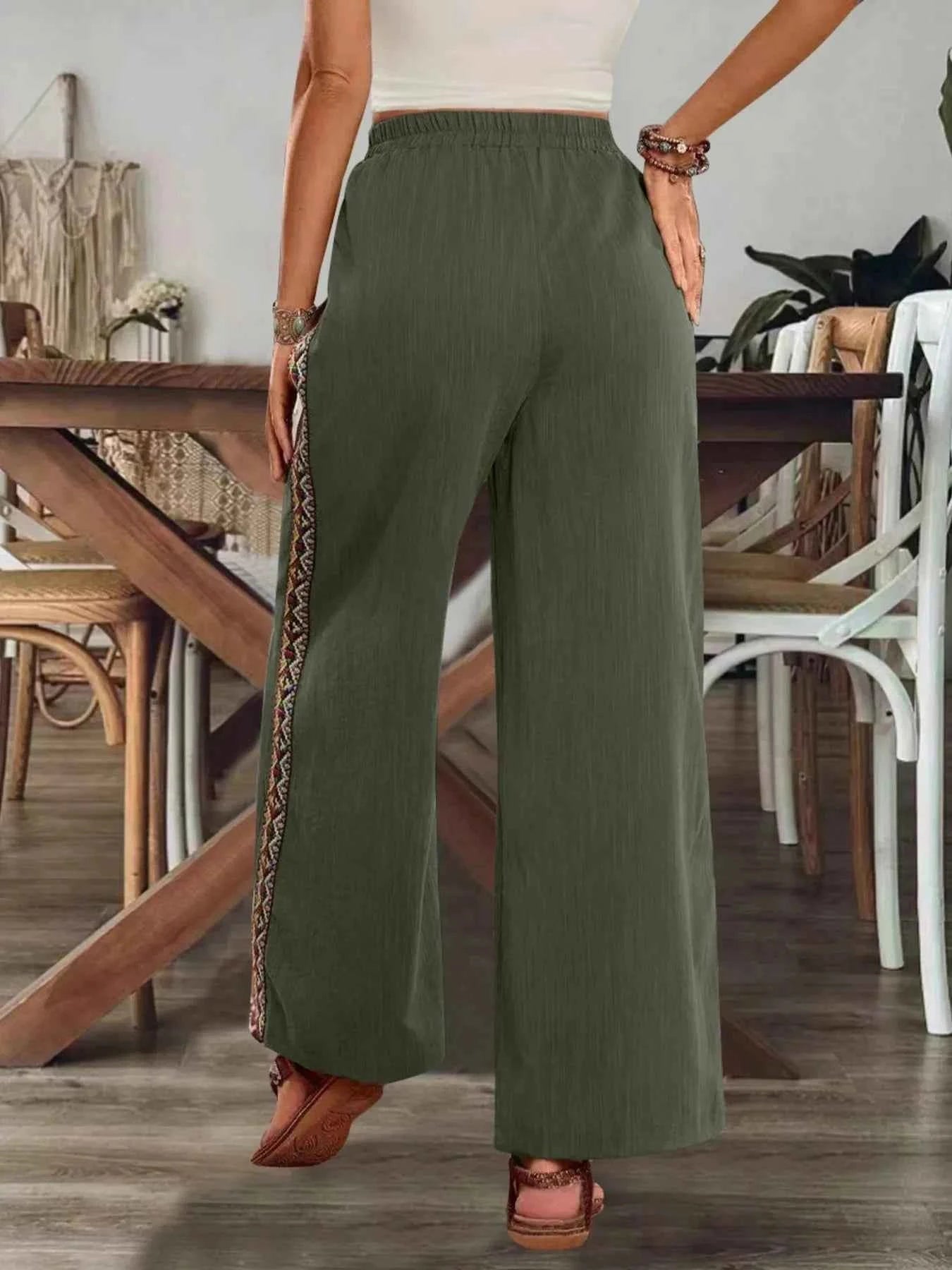 Bohemian Wide Leg Embroidered Side Stripe Pants