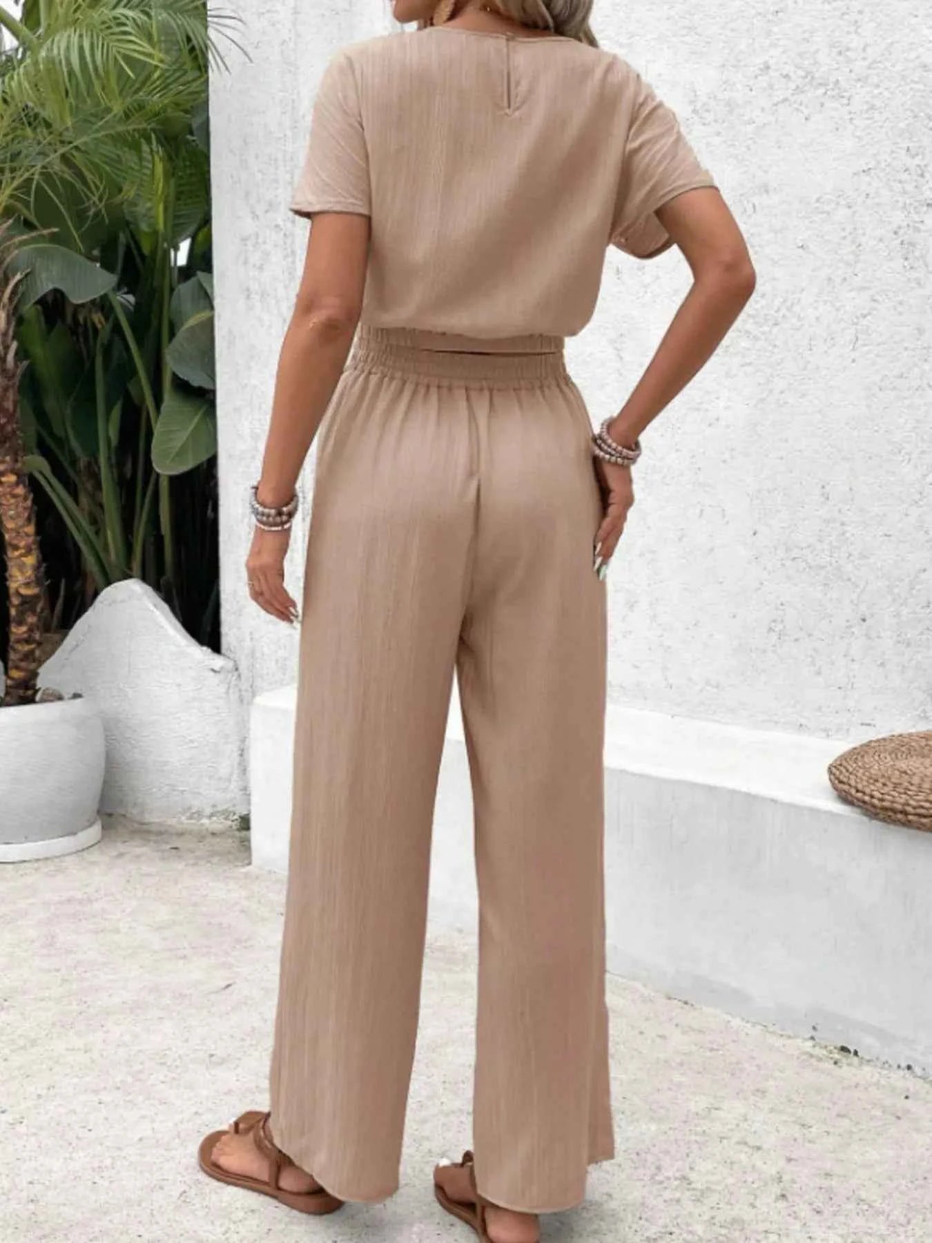 Round Neck Short Sleeve Top and Pants Set