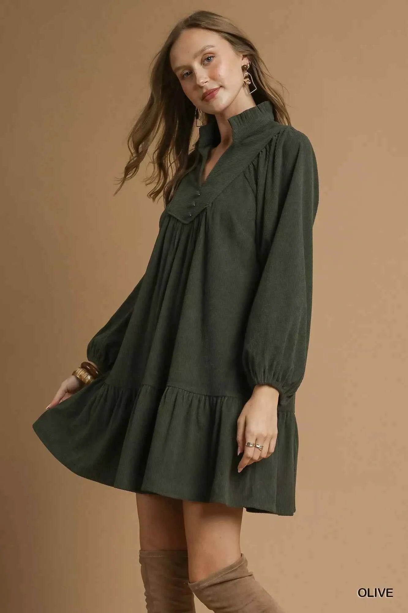 Umgee Corduroy Tiered Babydoll Dress