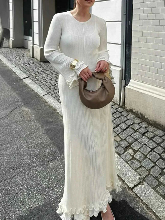 Ribbed Long Sleeve Dress with Ruffle Hem