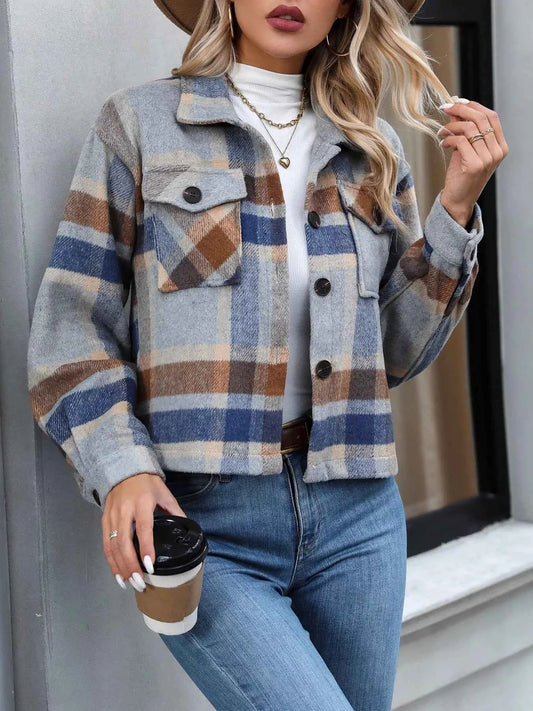 Plaid Oversized Button-Up Cropped Jacket