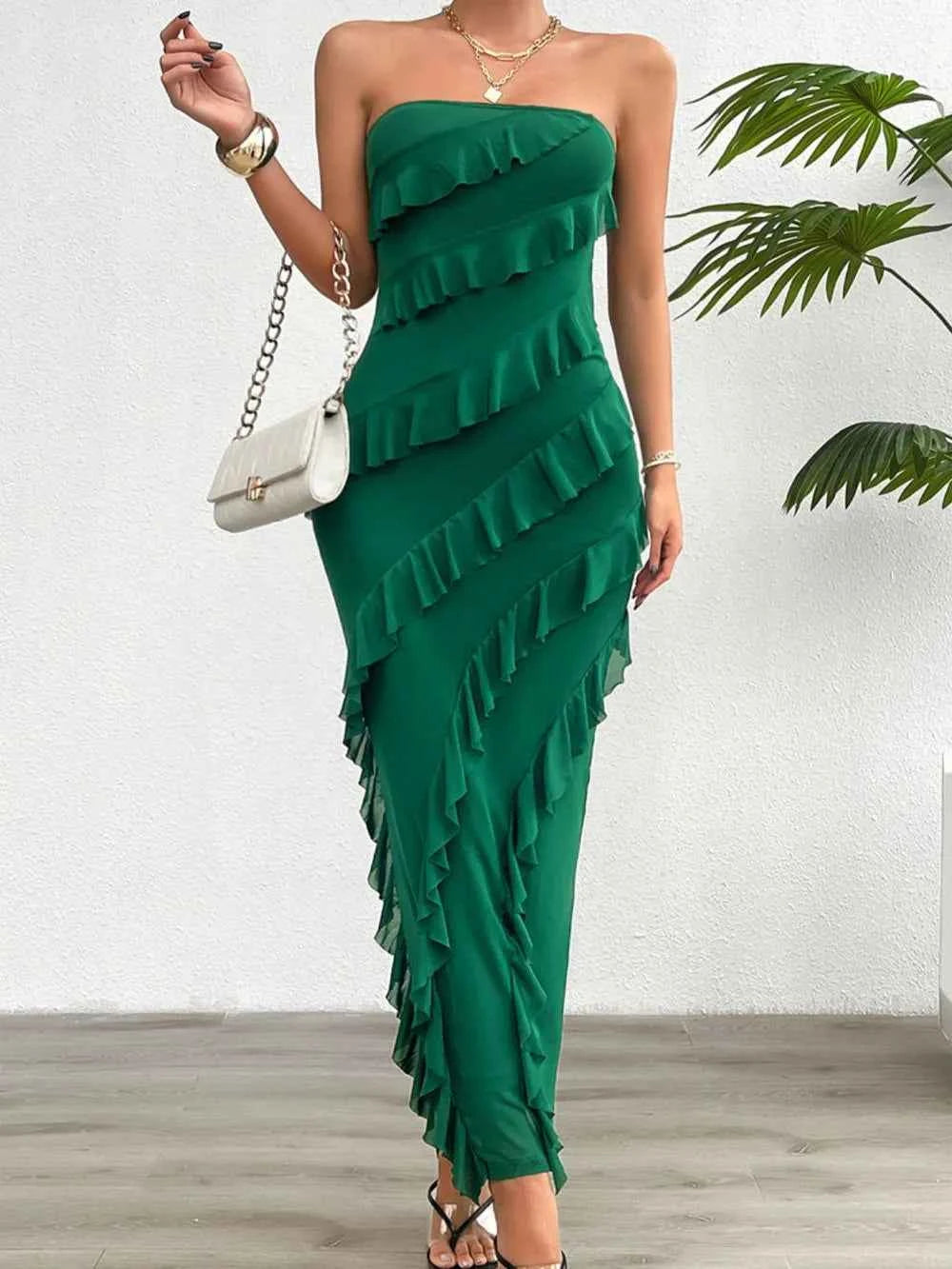 Ruffled Slit Back Tube Maxi Dress