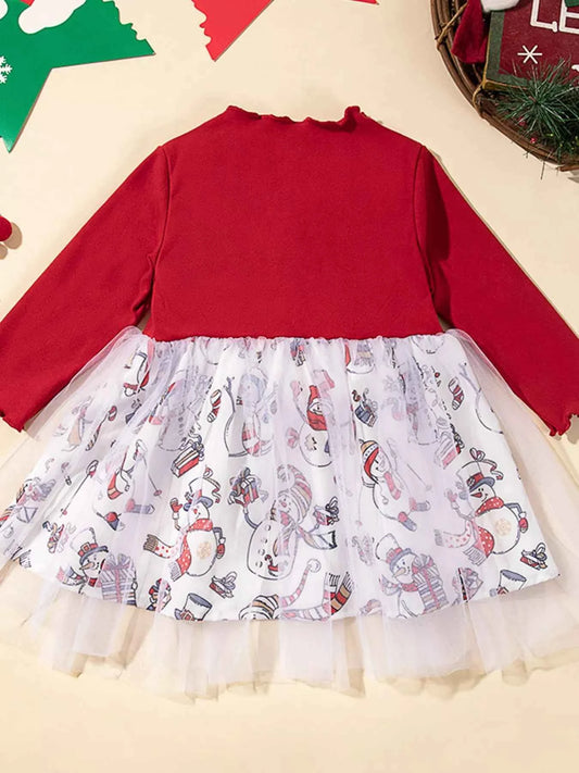Children's Christmas Snowman Print Tulle Dress