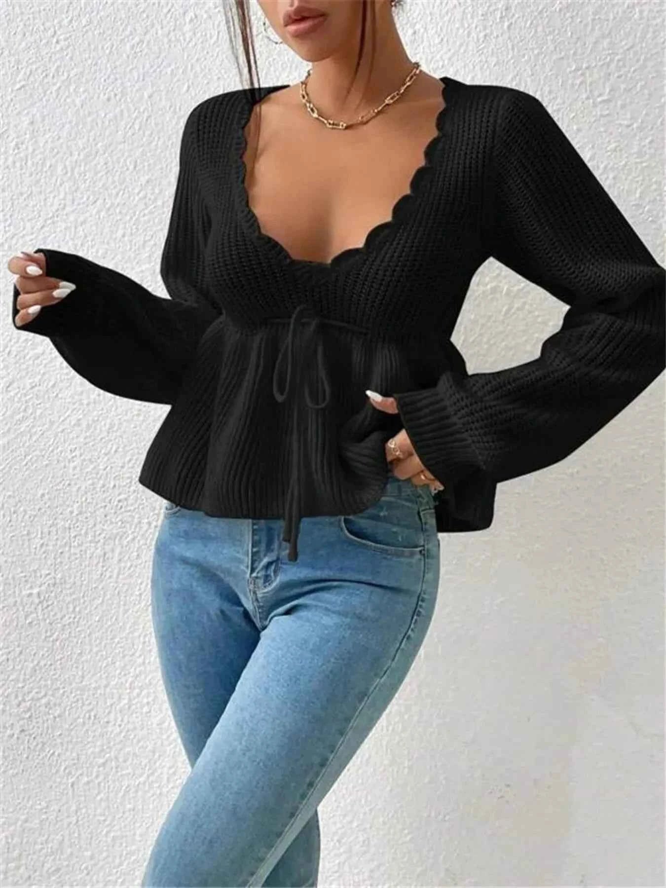 Scalloped V-Neck Drawstring Knit Top