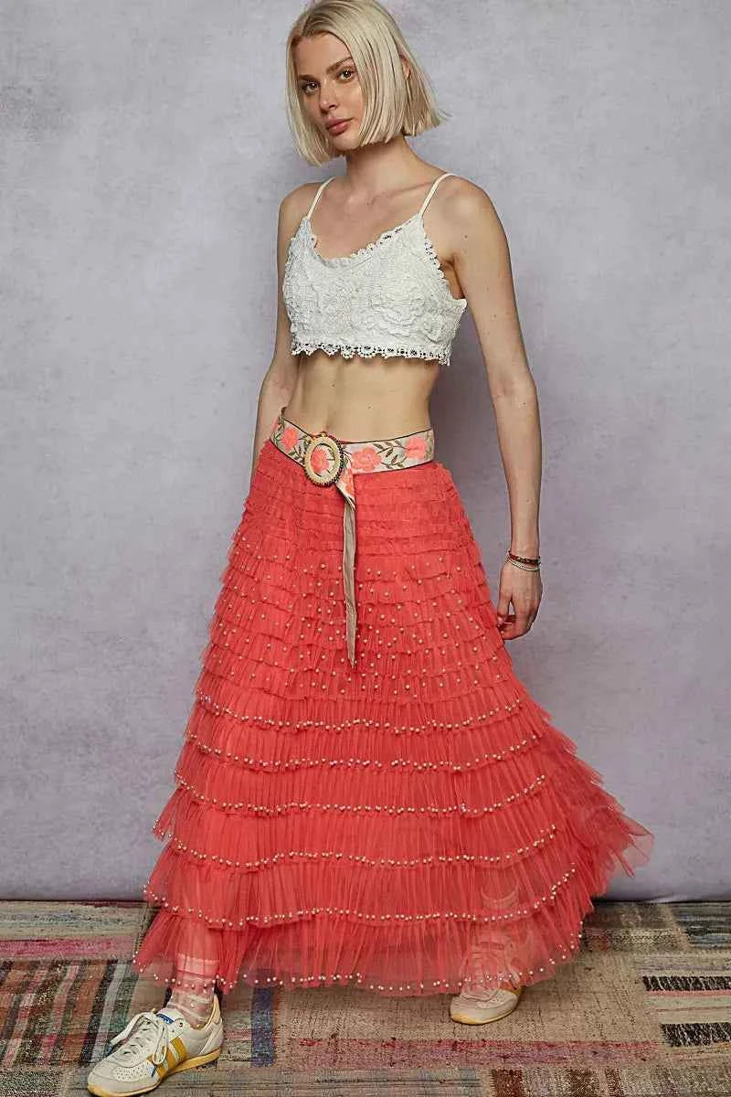 POL Tiered Ruffle Maxi Skirt with Pearl Decorative
