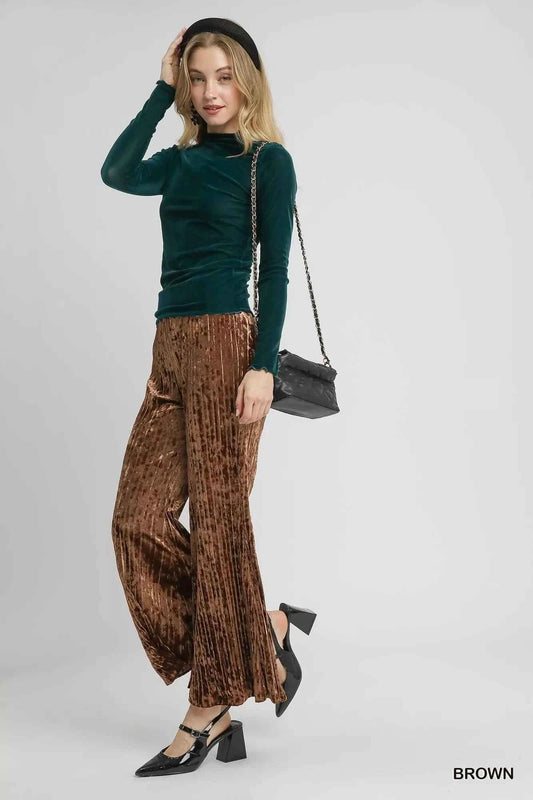 Umgee Velvet Pleated Wide Leg Pants