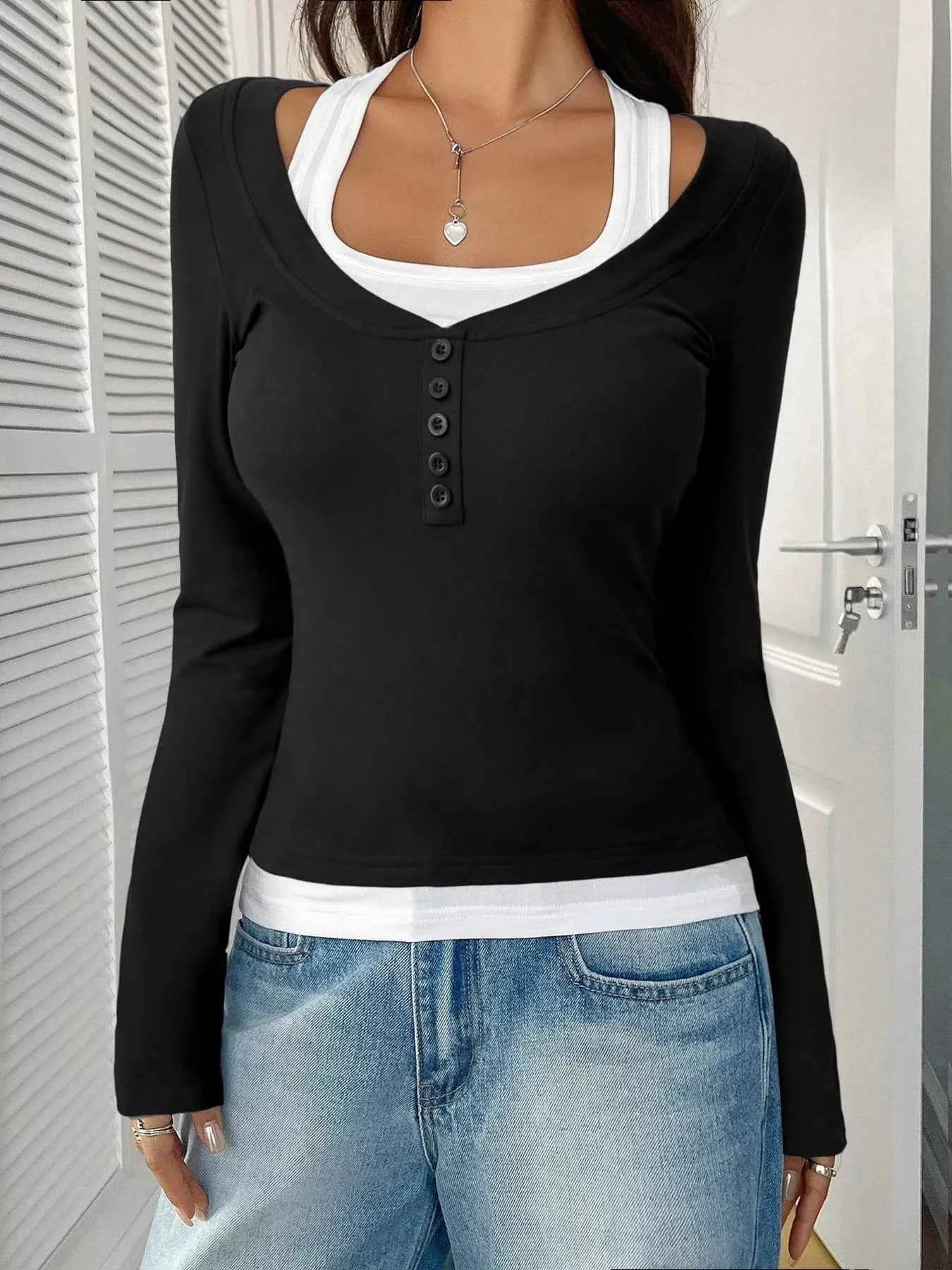 Scoop Neck Long Sleeve Fake Two-Piece T-Shirt