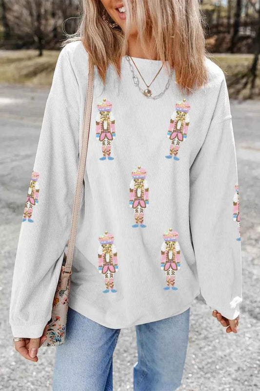 Full Size Corded Rib Sequin Patched Nutcracker Graphic Drop Shoulder Sweatshirt Plus Size