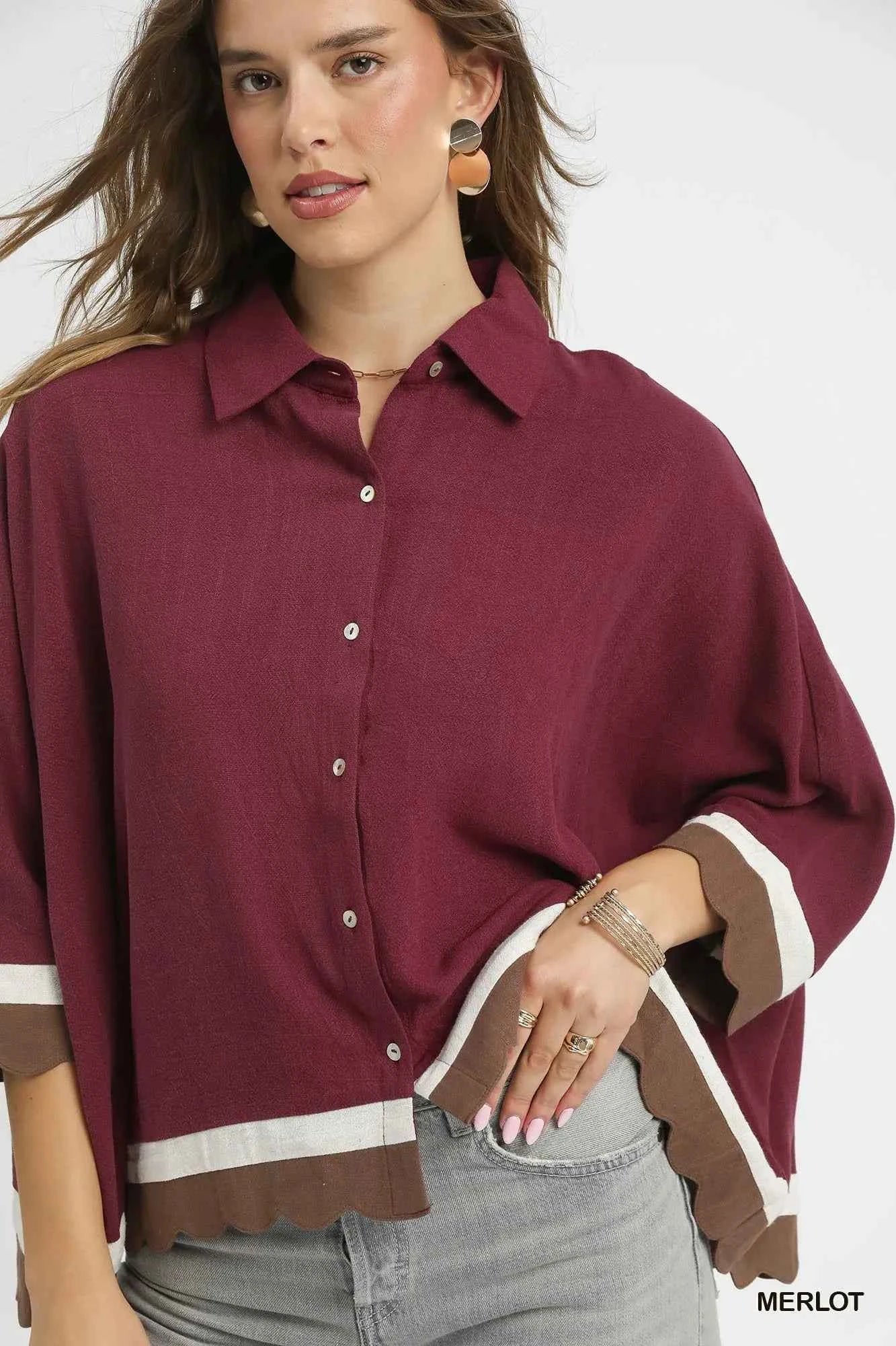 Umgee Colorblock Button-Down Shirt with Scallop Hem