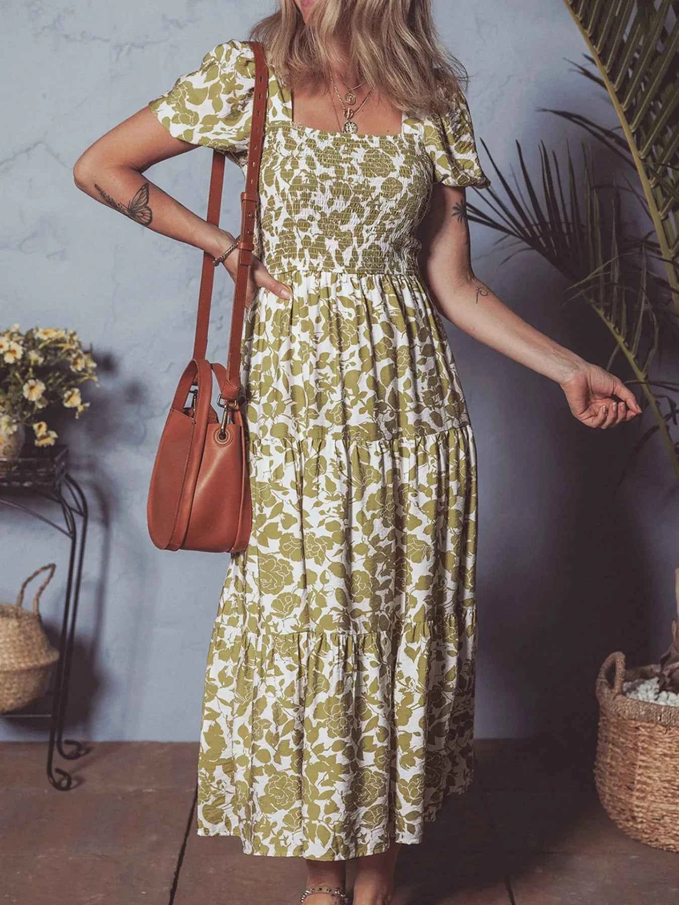 Boho Floral Square Neck Smocked Bust Puff Sleeve Tiered Dress