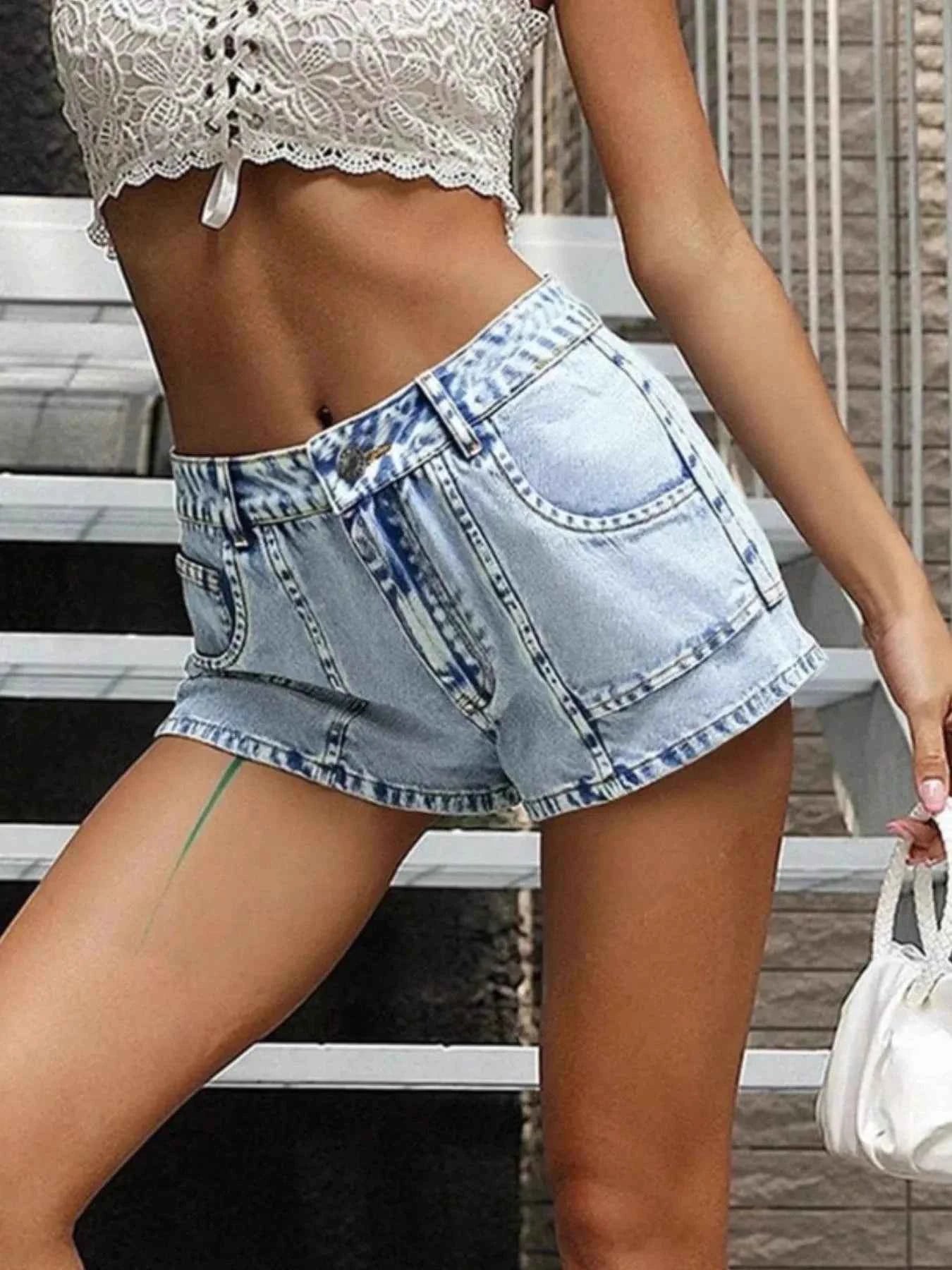 High-Waisted Wash Denim Shorts