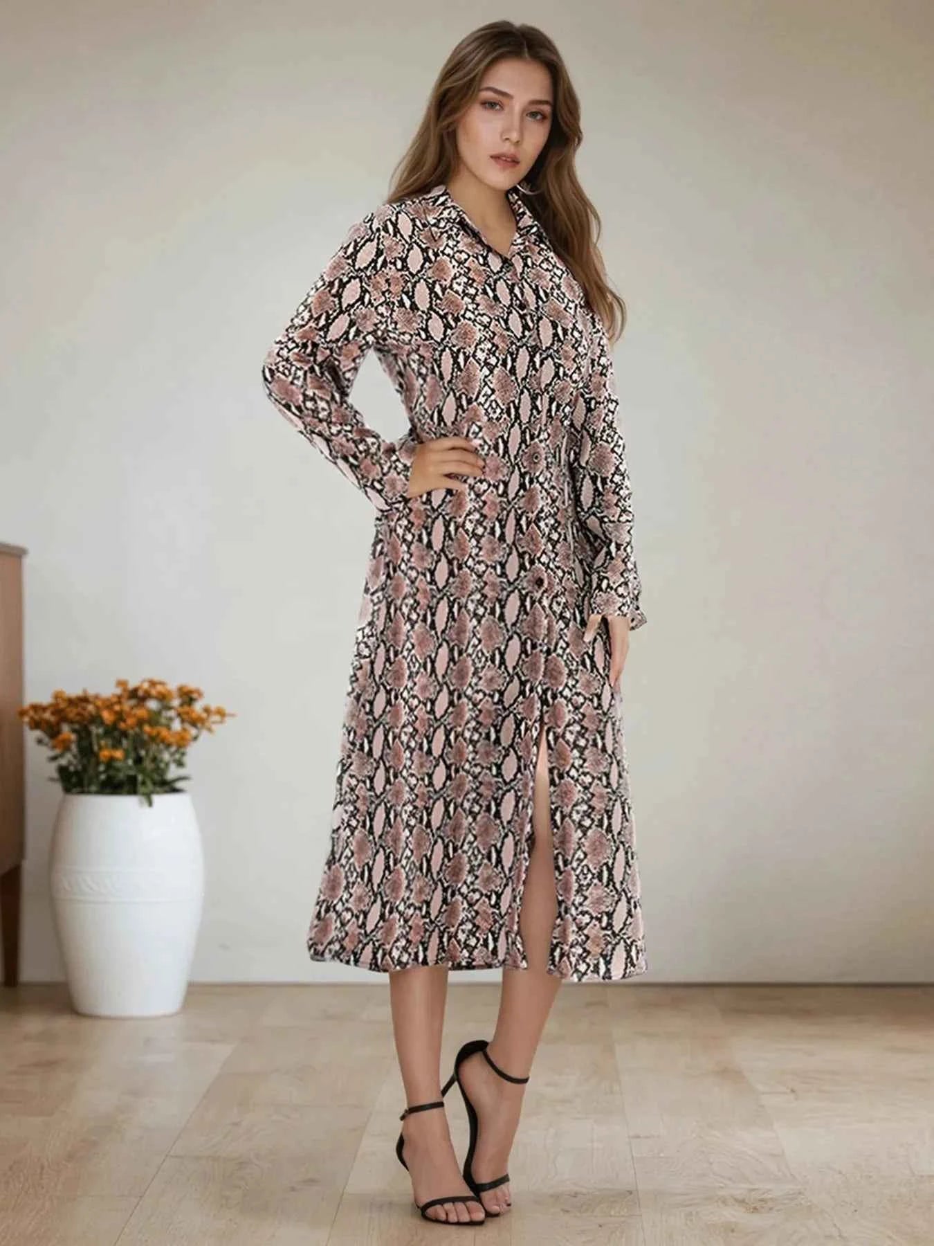 Snake Print Long Sleeve Shirt Dress