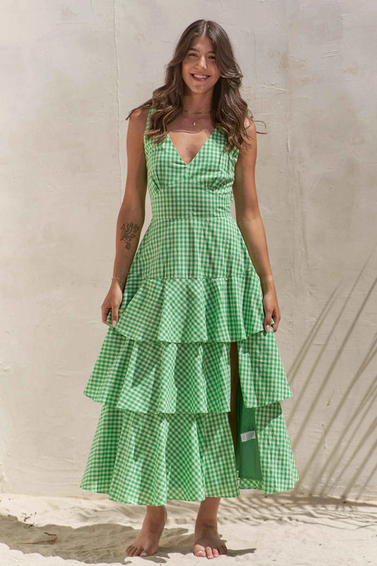 Jade By Jane Full Size Sleeveless Gingham Print Tiered Midi Dress Plus Size